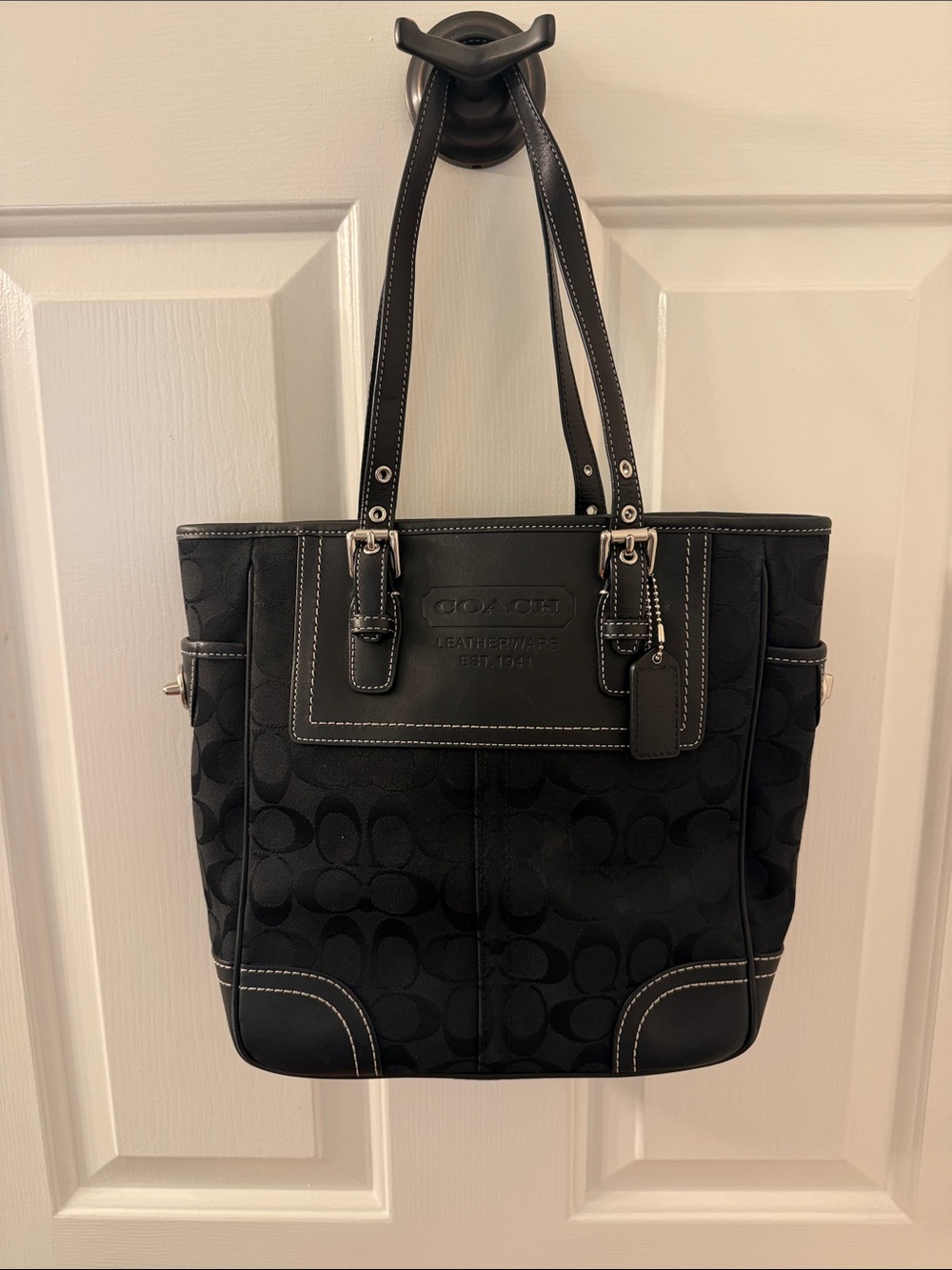 Coach Black Signature Canvas Tote with Leather Accents